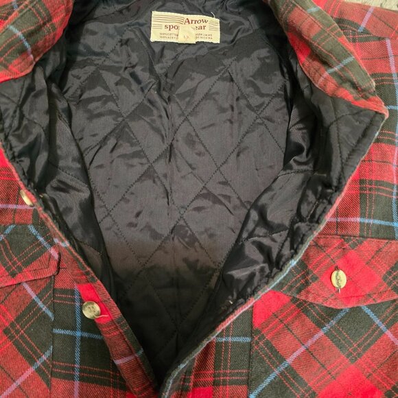 Vintage 70s Arrow Quilted Flannel Shirt L Black Red Plaid Pockets Chore Retro - Picture 6 of 6
